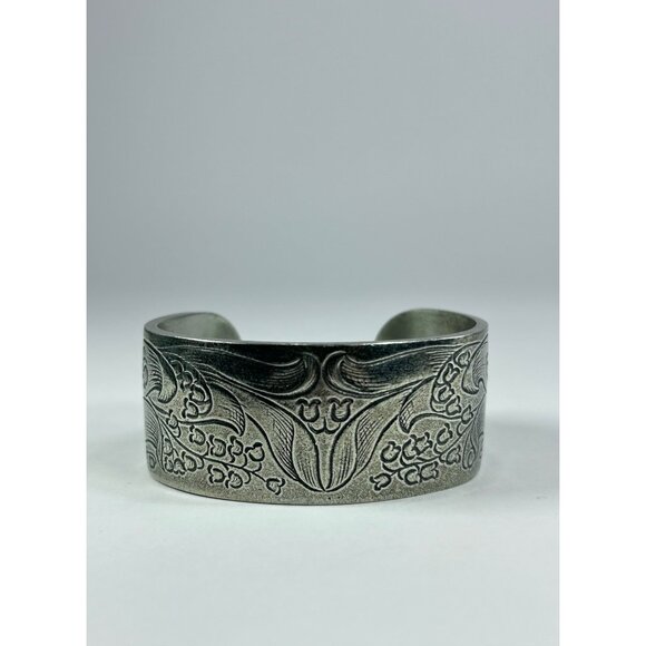 VTG Salisbury Pewter Cuff Bracelet Birth Flower May Lily of the Valley Engraving - Picture 11 of 11